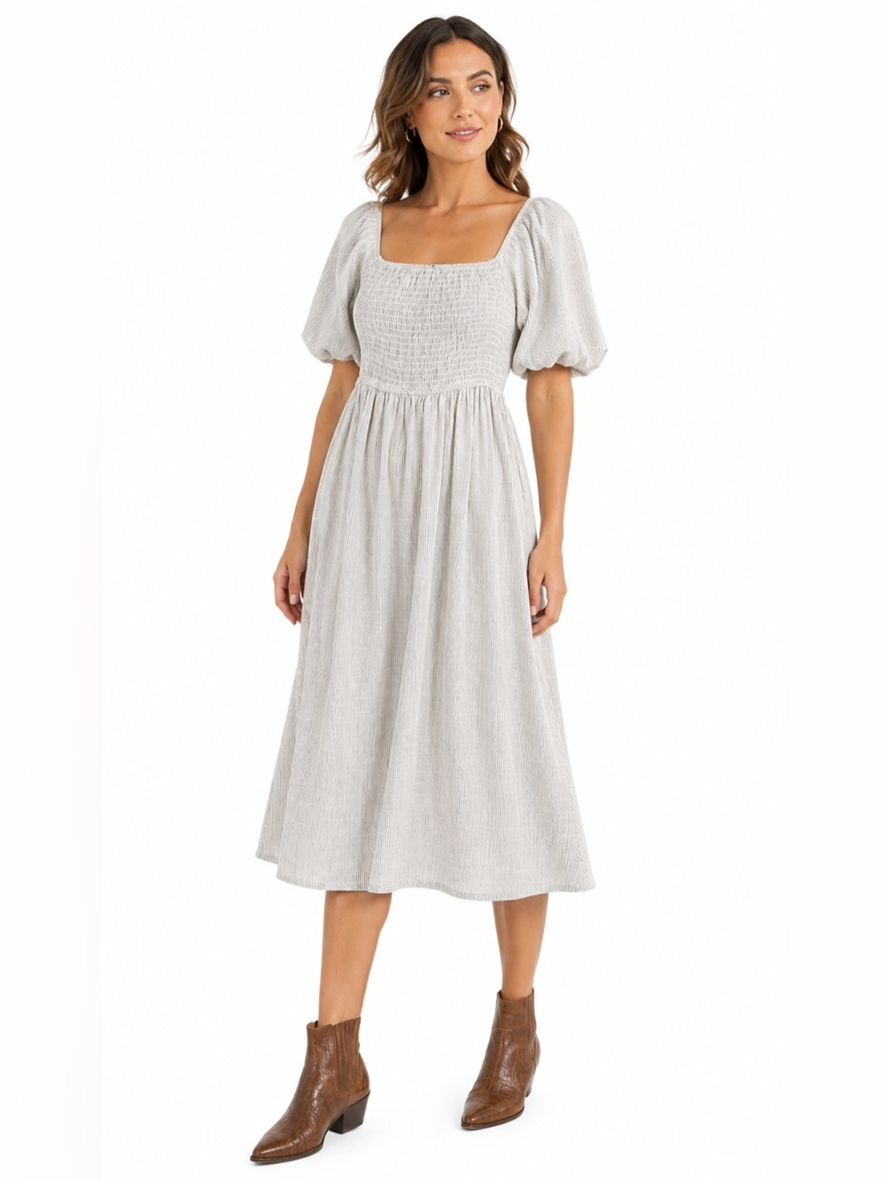 NLT Linen Blend Smocked Puff Sleeve Midi Dress Pockets Cottagecore 2X stripes